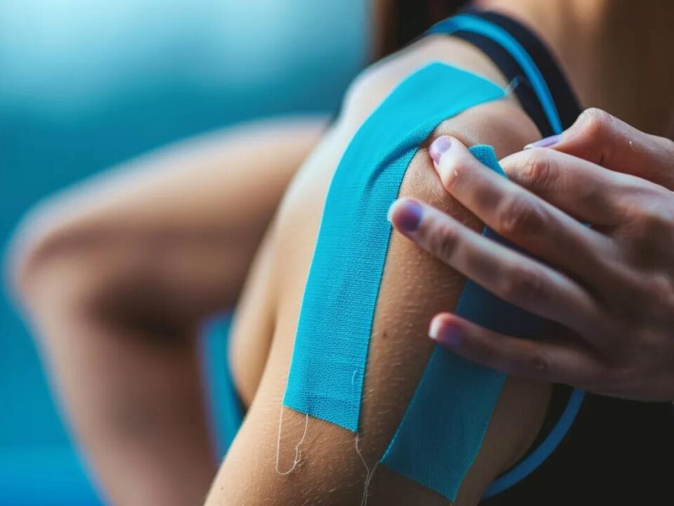 Woman applying kinesiology tape on shoulder, demonstrating support for muscles and pain relief, relevant to chiropractic care and TMJ treatment at Elevated Chiropractic.