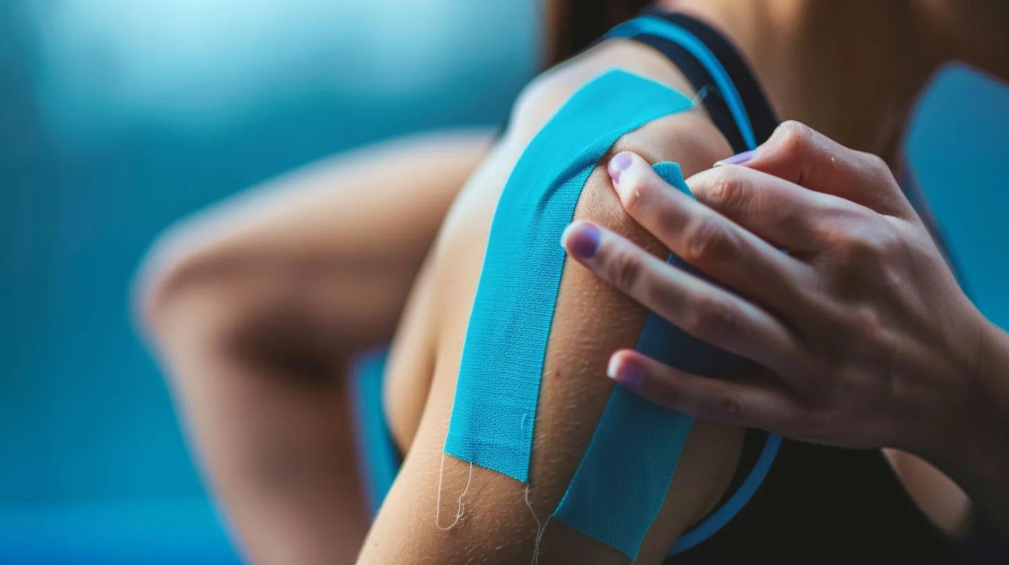 Woman applying kinesiology tape to shoulder, illustrating muscle support and pain relief in athletic recovery.