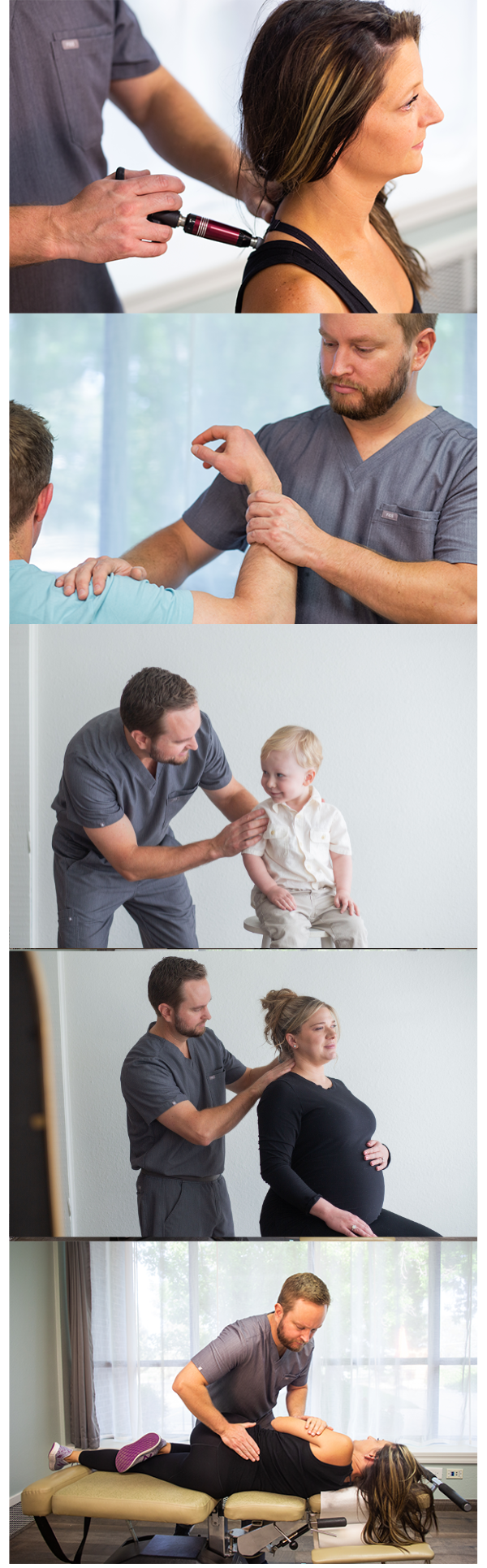 Chiropractic care sessions at Elevated Chiropractic, featuring a range of therapies for patients, including spinal adjustments and treatments for children and pregnant women, in a professional clinic setting.