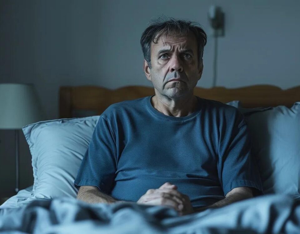 Man sitting on bed with a concerned expression, reflecting themes of fatigue and wellness related to the Health Restore Program at Elevated Chiropractic Broomfield.