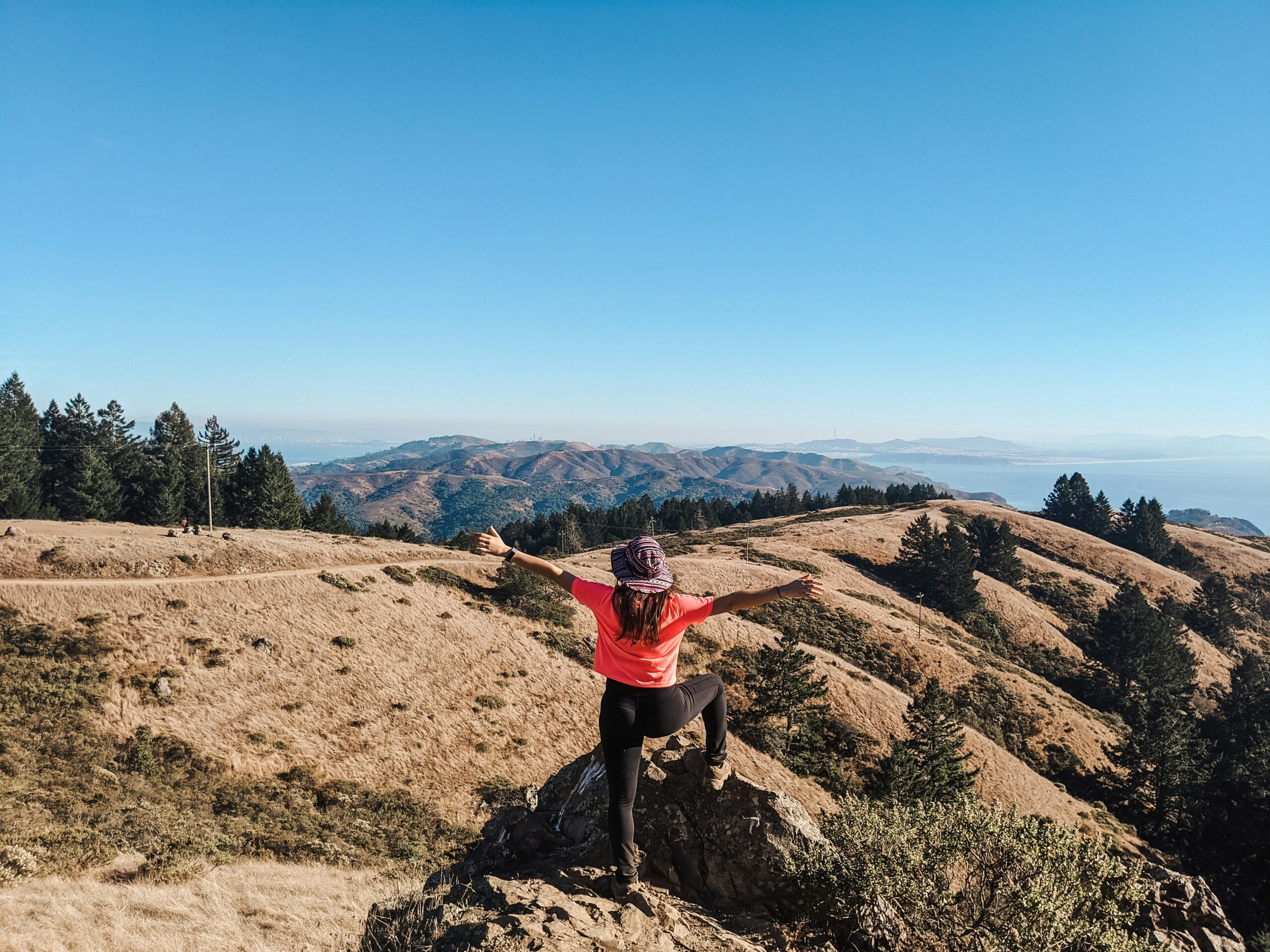 Person in bright red shirt standing on rocky outcrop with arms outstretched, overlooking mountainous landscape, symbolizing energy and wellness, relevant to Elevated Chiropractic's Health Restore Program.